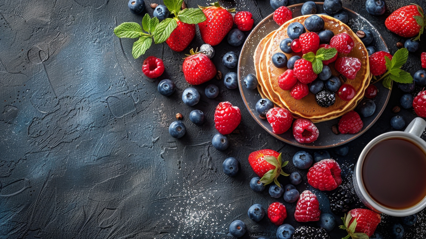 Ягоды черники, малины и клубники на сером столе