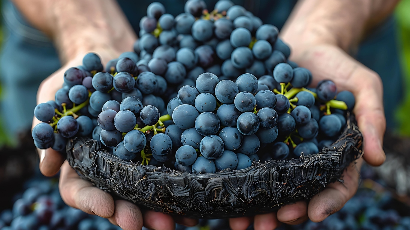 Гроздья синего винограда в руках 