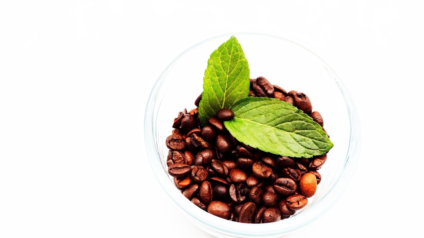 Стакан с кофейными зернами и листьями мяты