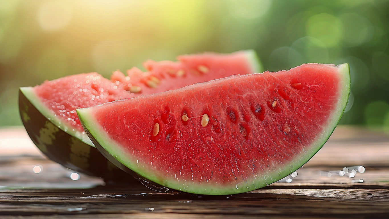 Два куска спелого красного арбуза 