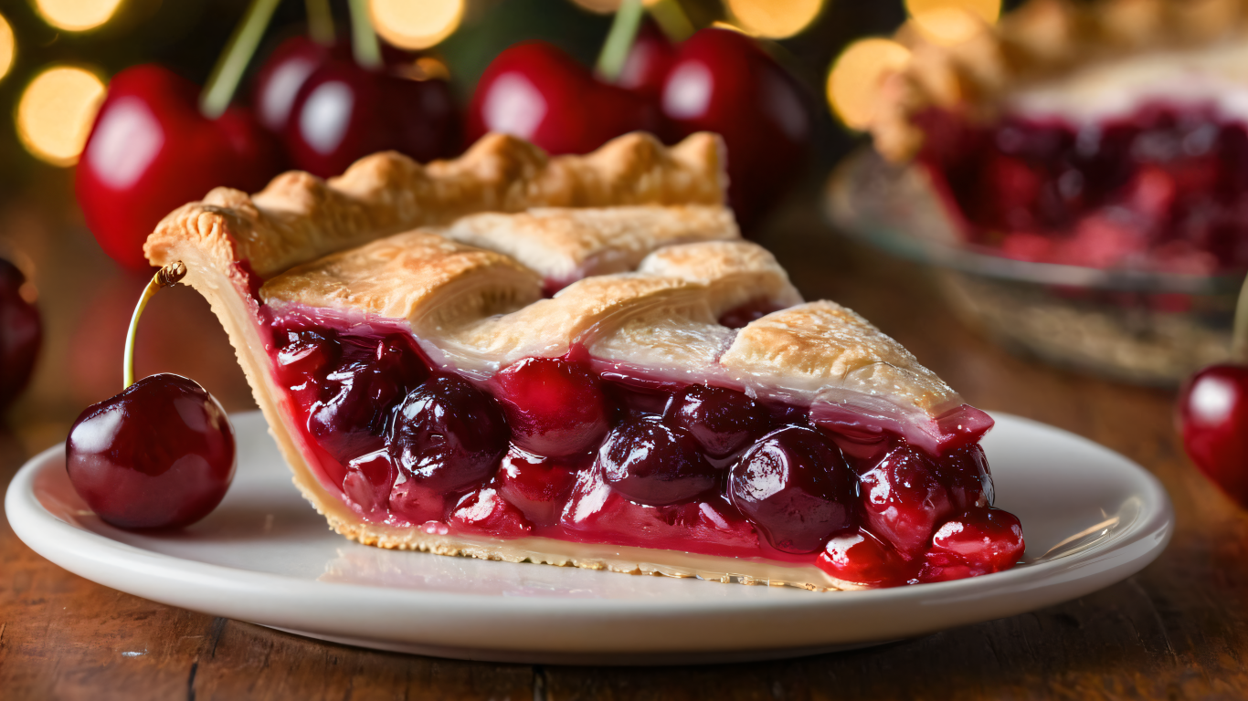 Кусок вишневого пирога на столе с ягодами