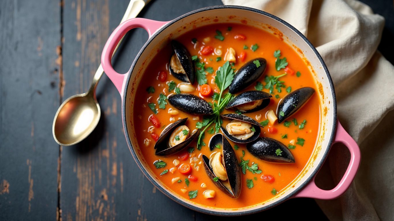 Томатный суп с мидиями на столе