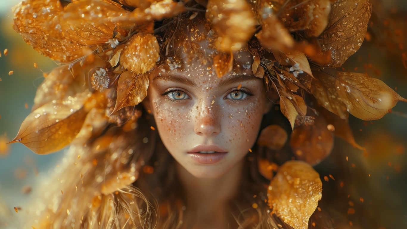 Рыжеволосая девушка осень с листьями на голове