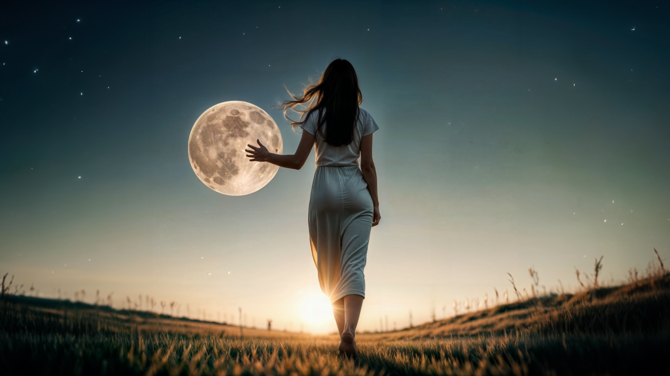 Девушка трогает луну рукой