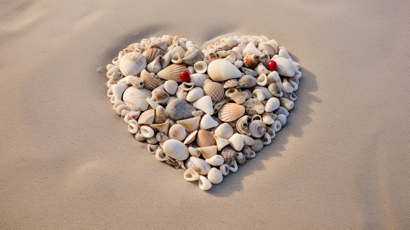 Красивое сердце из маленьких ракушек на песке