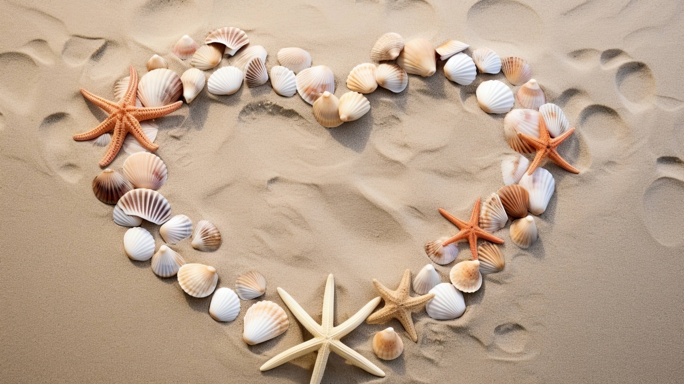 Сердце из ракушек и морских звезд на песке