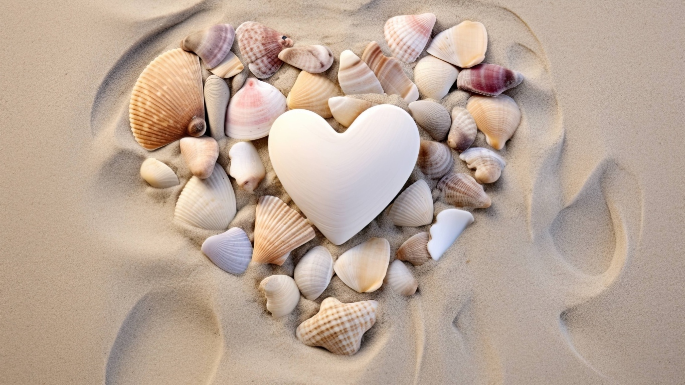 Сердце из ракушек на песке на пляже