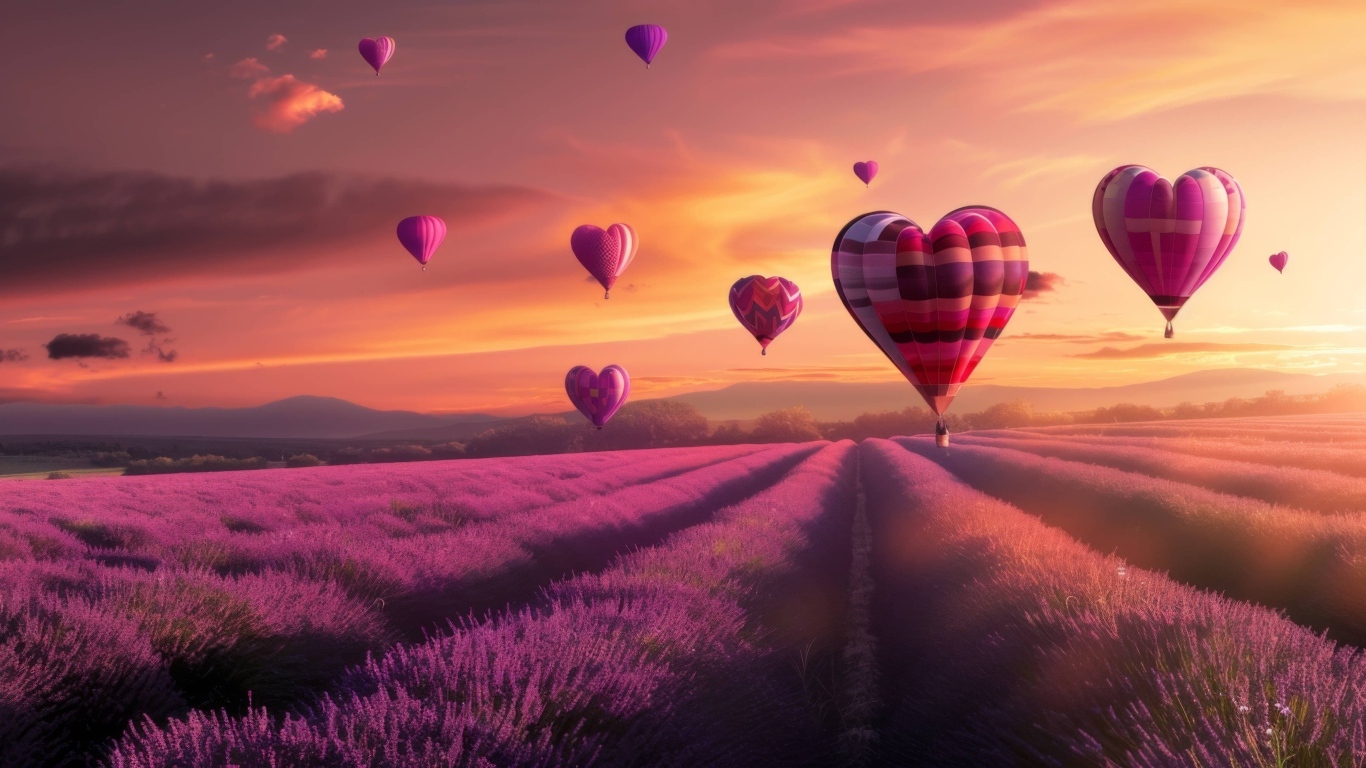 Воздушные шары в форме сердца над лавандовым полем