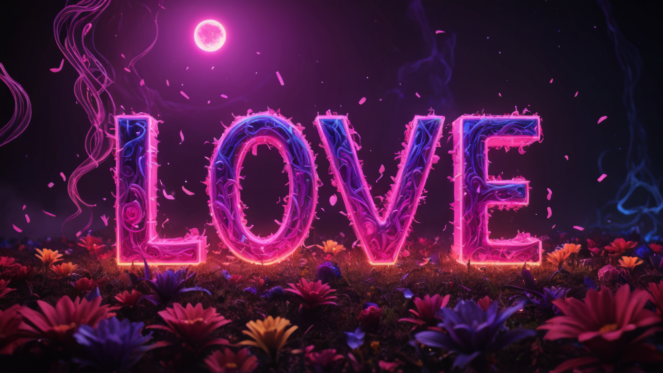 Надпись любовь в свете луны с волшебными цветами