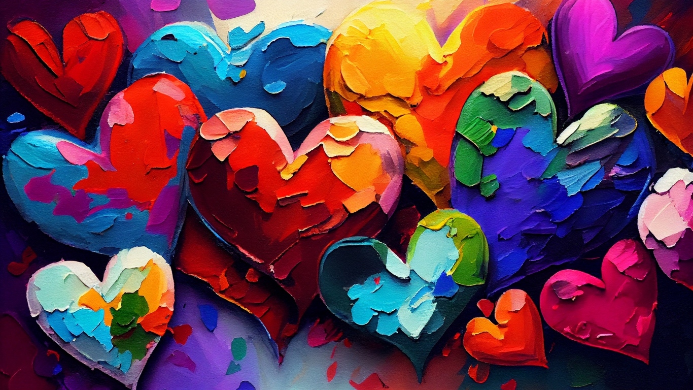 Много нарисованных краской сердец