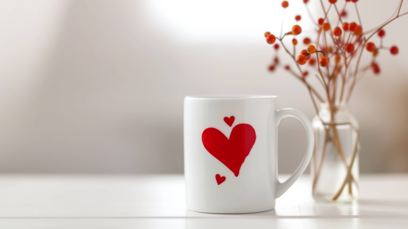 Белая кружка с красным сердцем на столе