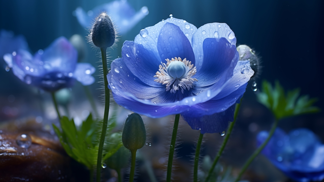 Красивый синий цветок мака с бутонами в каплях воды