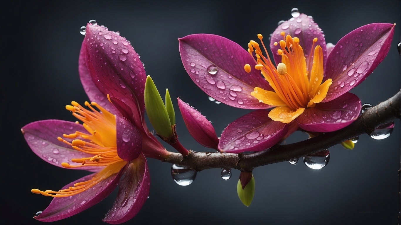 Красивые сиреневые цветы в каплях дождя на ветке