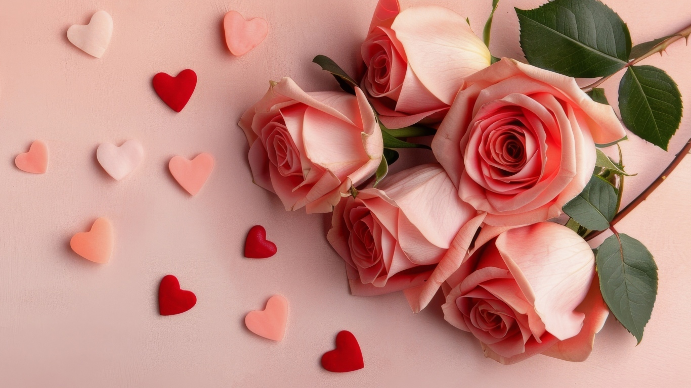 Розовые розы с маленькими сердечками на розовом фоне