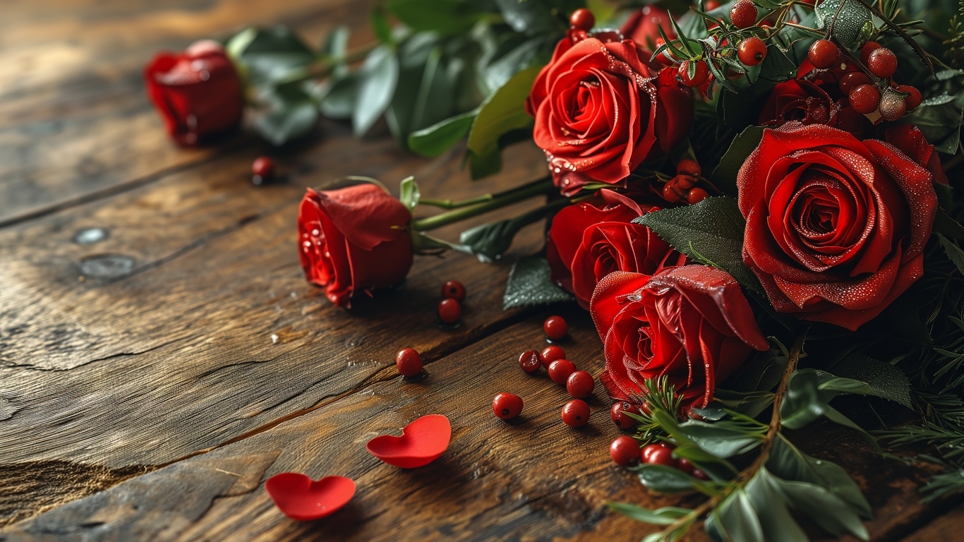 Красные необычные розы на деревянном столе