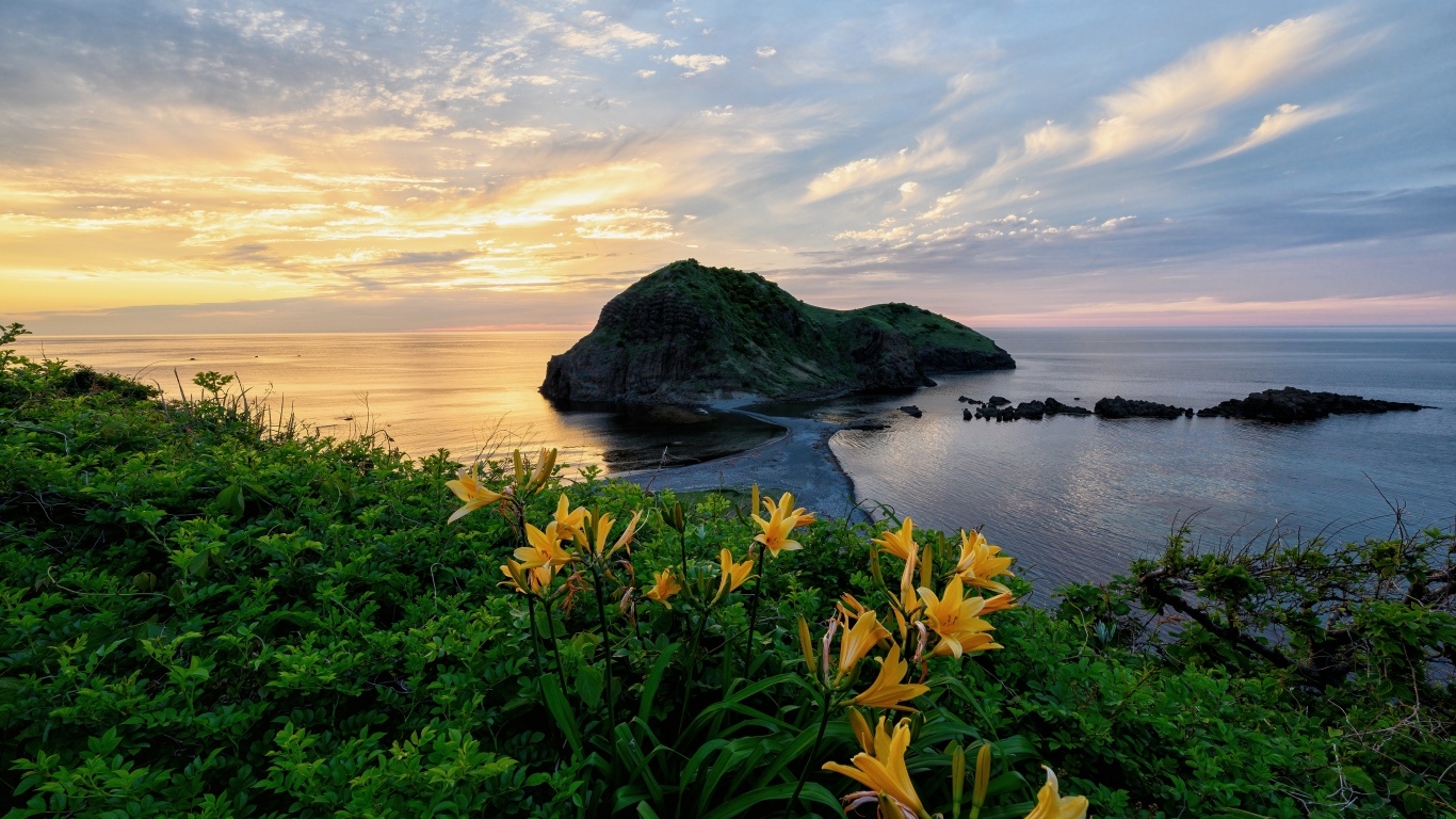 Зеленый остров в океане на закате солнца