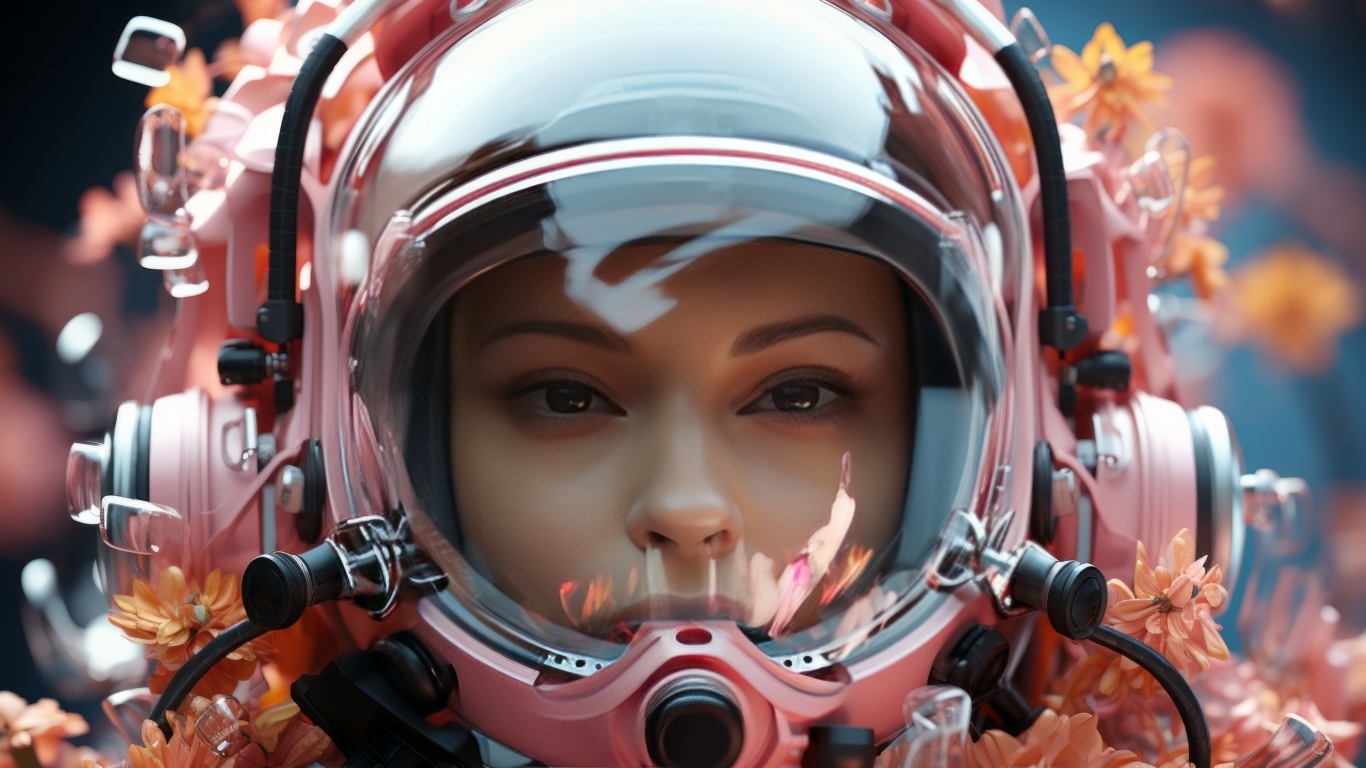 Девушка астронавт в розовом шлеме с цветами