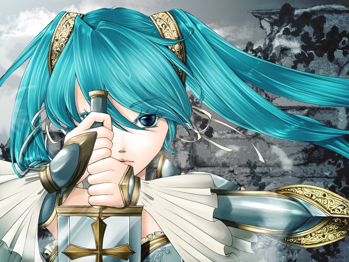 Девушка с голубыми волосами и мечом