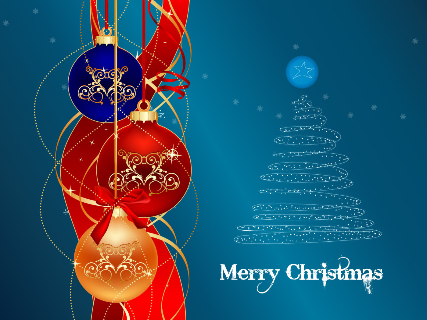 Разноцветные ёлочные игрушки на рождество, синий фон