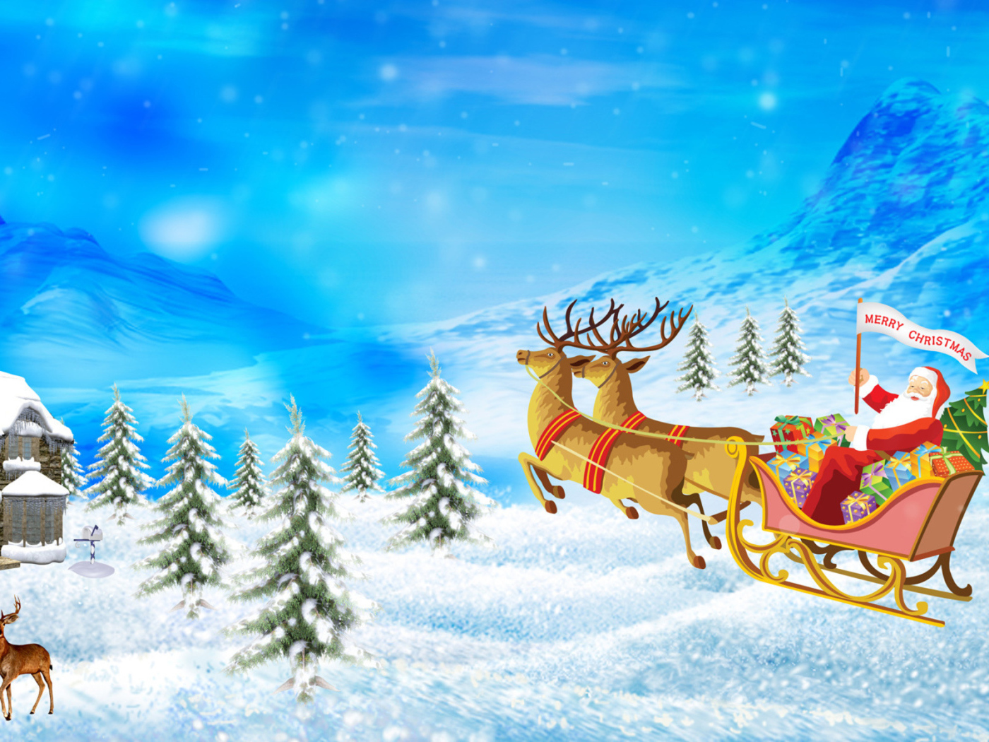 Дед Мороз в упряжке с оленями на рождество