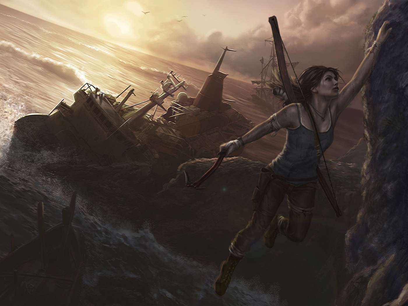 Девушка с луком висит на скале