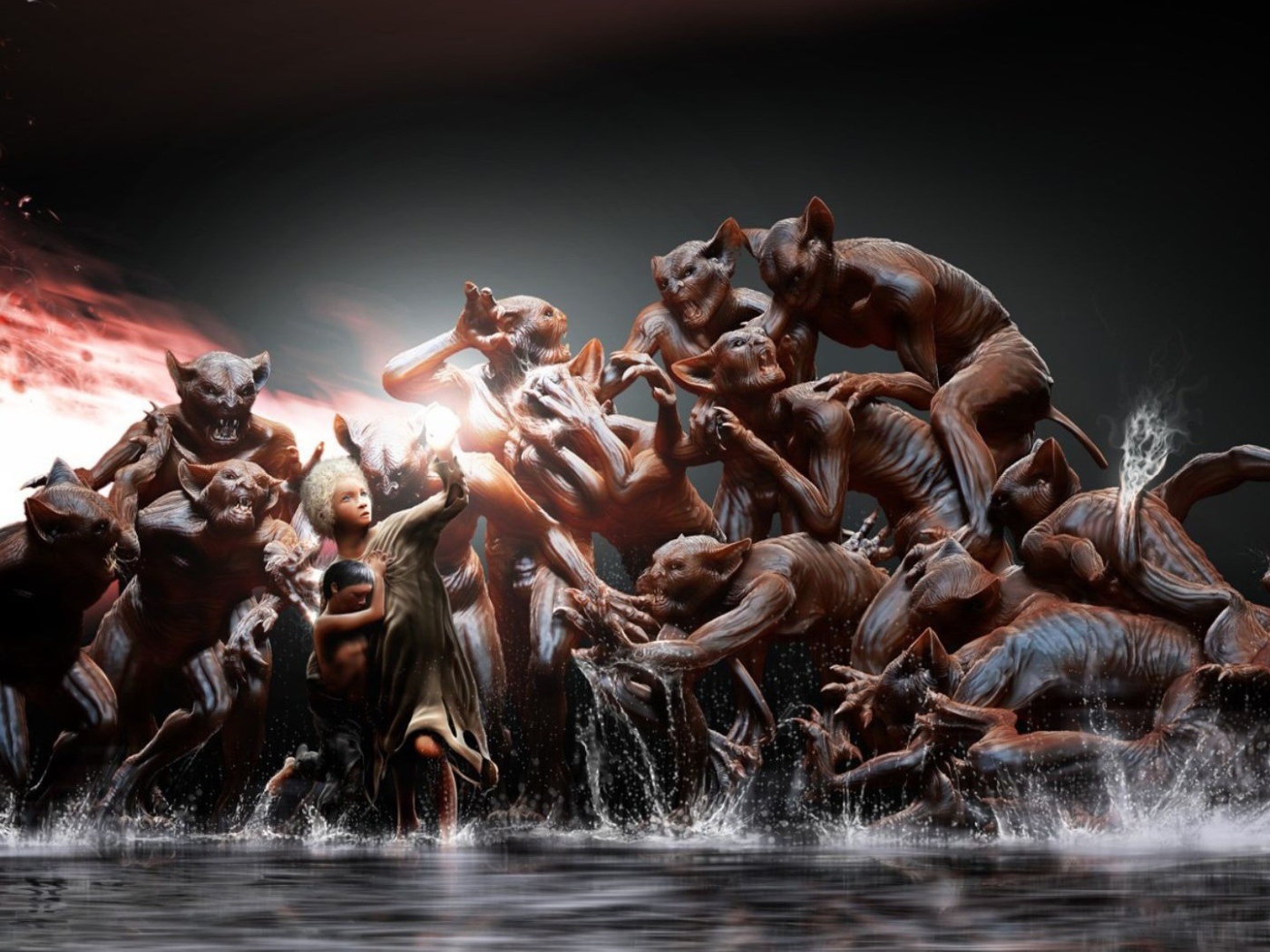 Женщина защищает ребенка от монстров