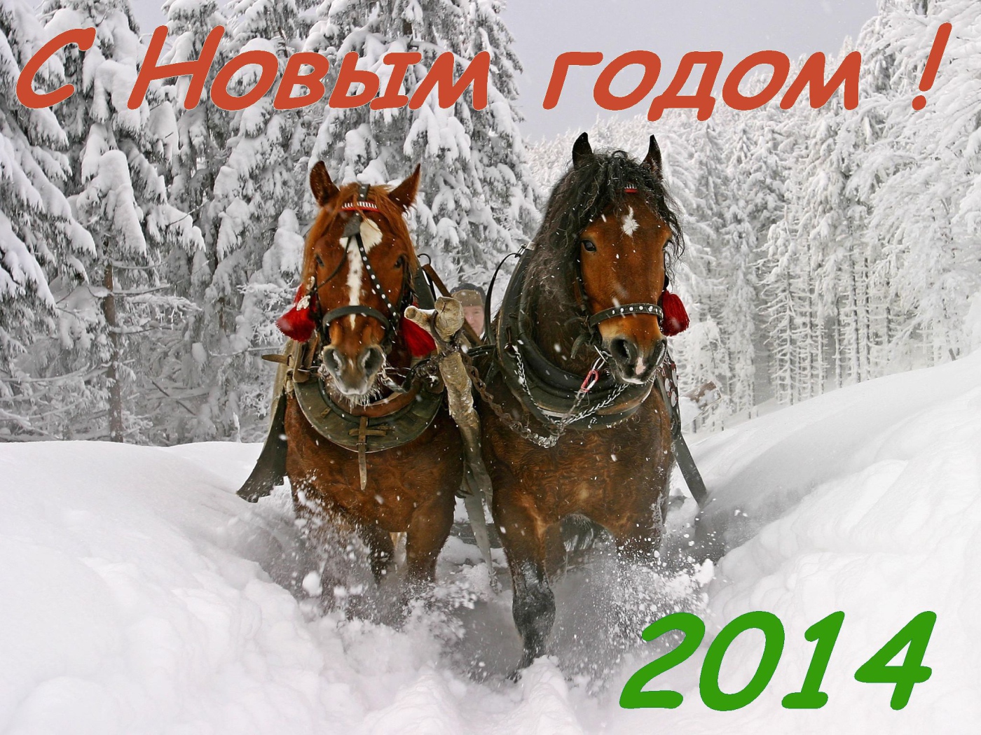 С новым годом 2014, лошадки бегут по снегу
