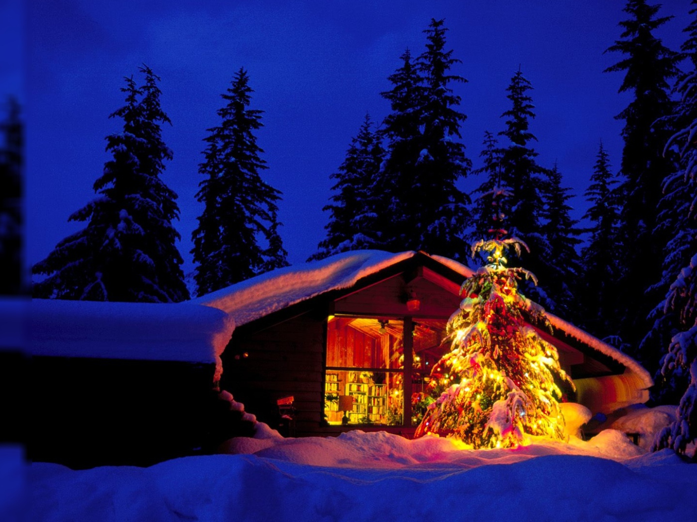 Новогодняя елка возле лесной хижины