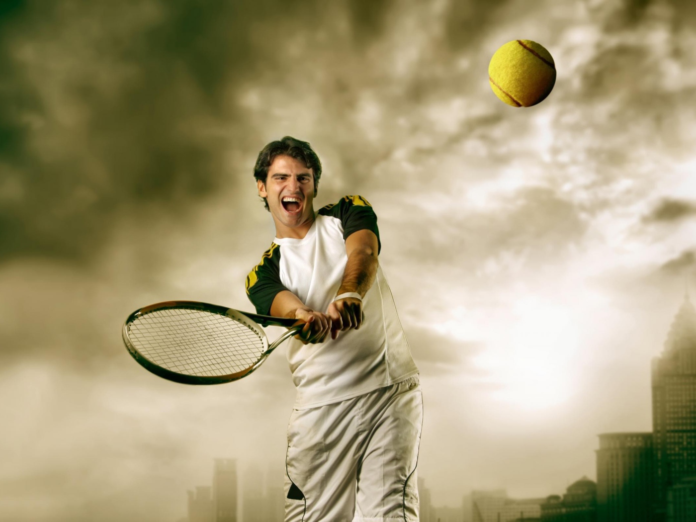 Теннисист отбивает мяч