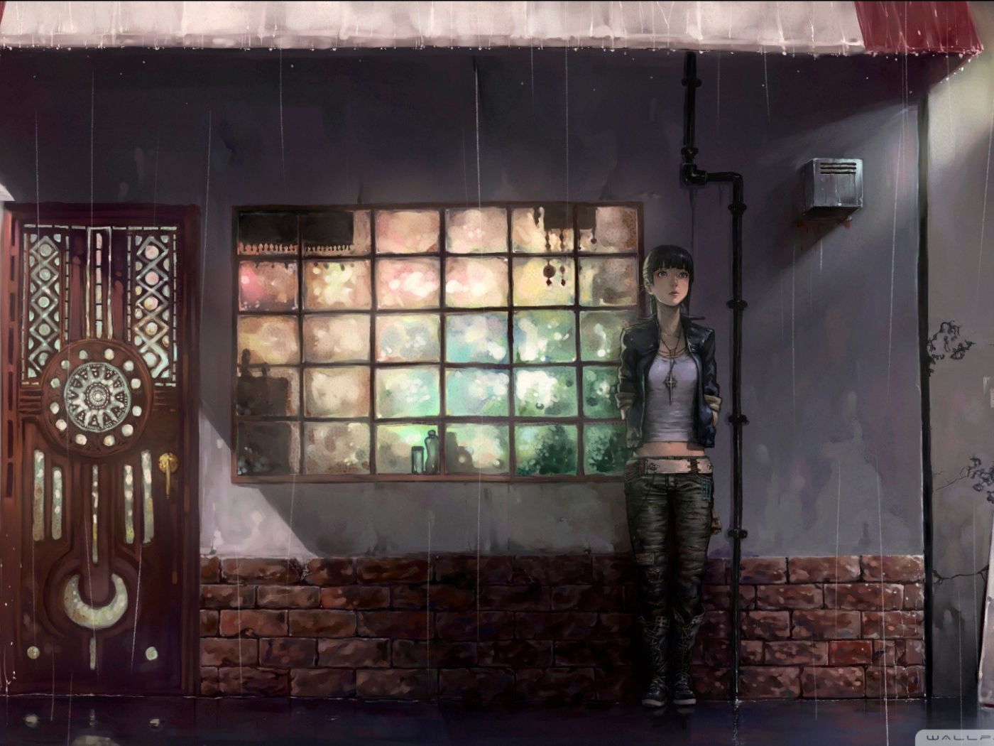 Девушка спряталась от дождя