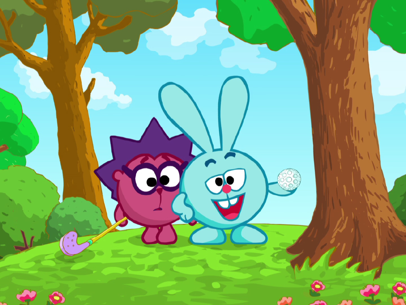 Игра в гольф в мультфильме Смешарики