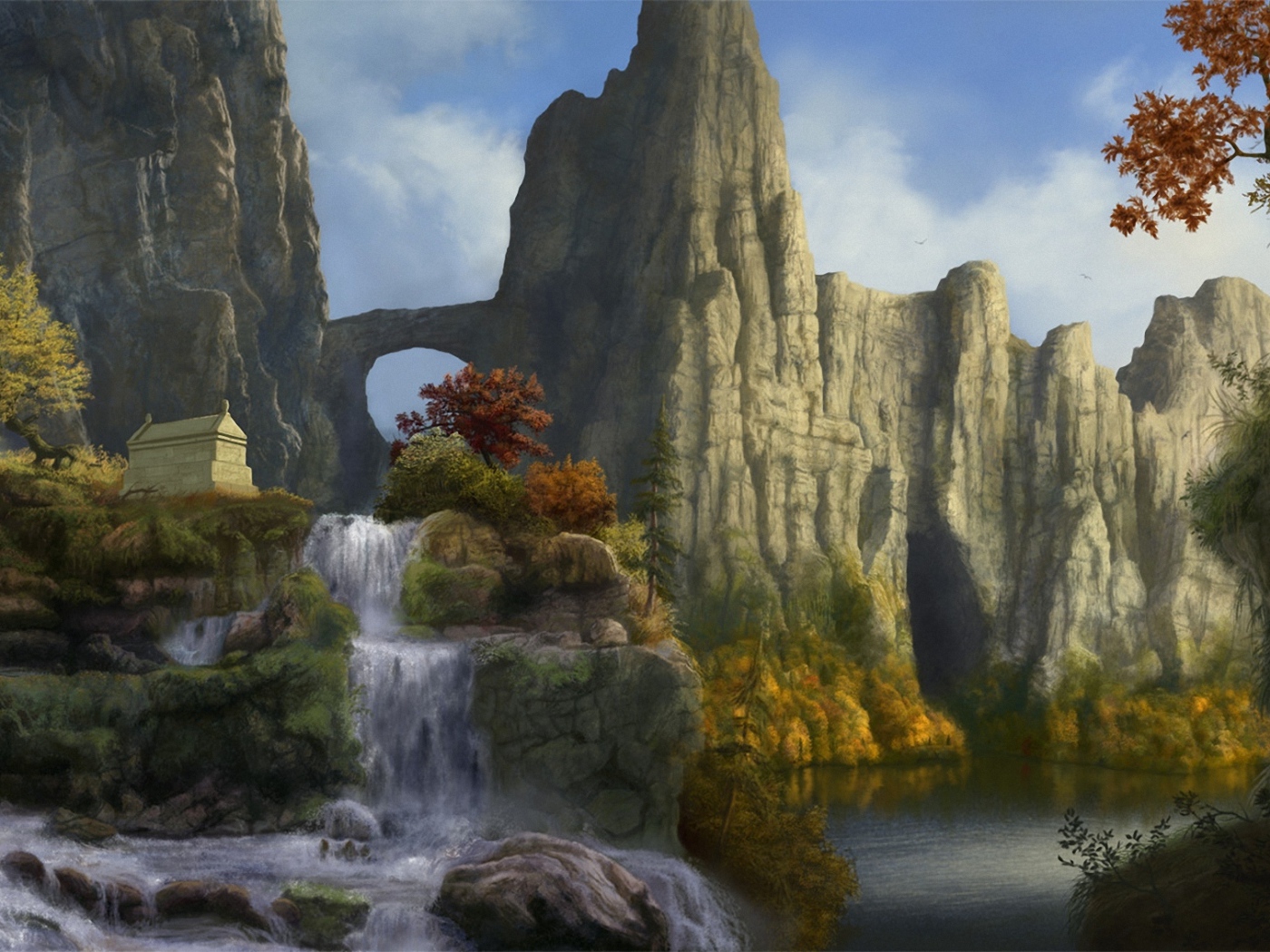 Горный пейзаж с водопадом