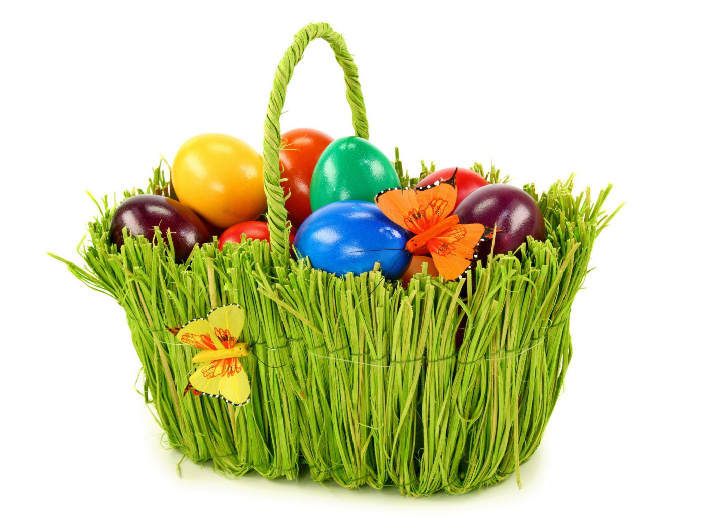 Green basket with eggs at Easter