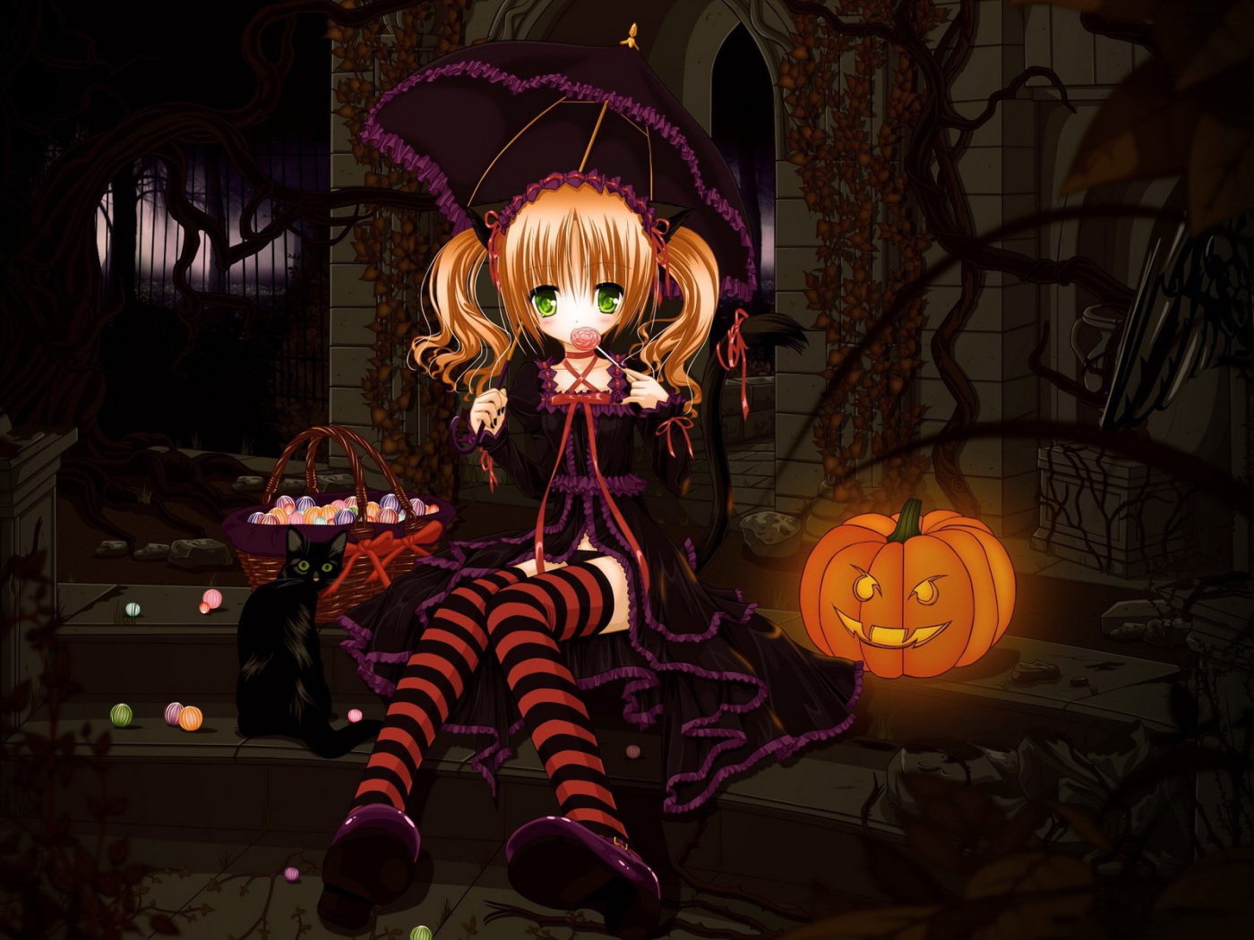 Девочка с зонтиком у тыквы