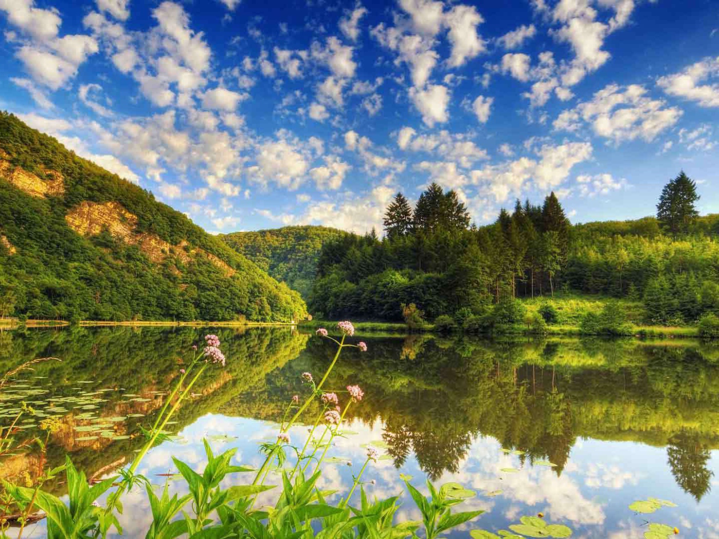 Озеро среди лесистых холмов