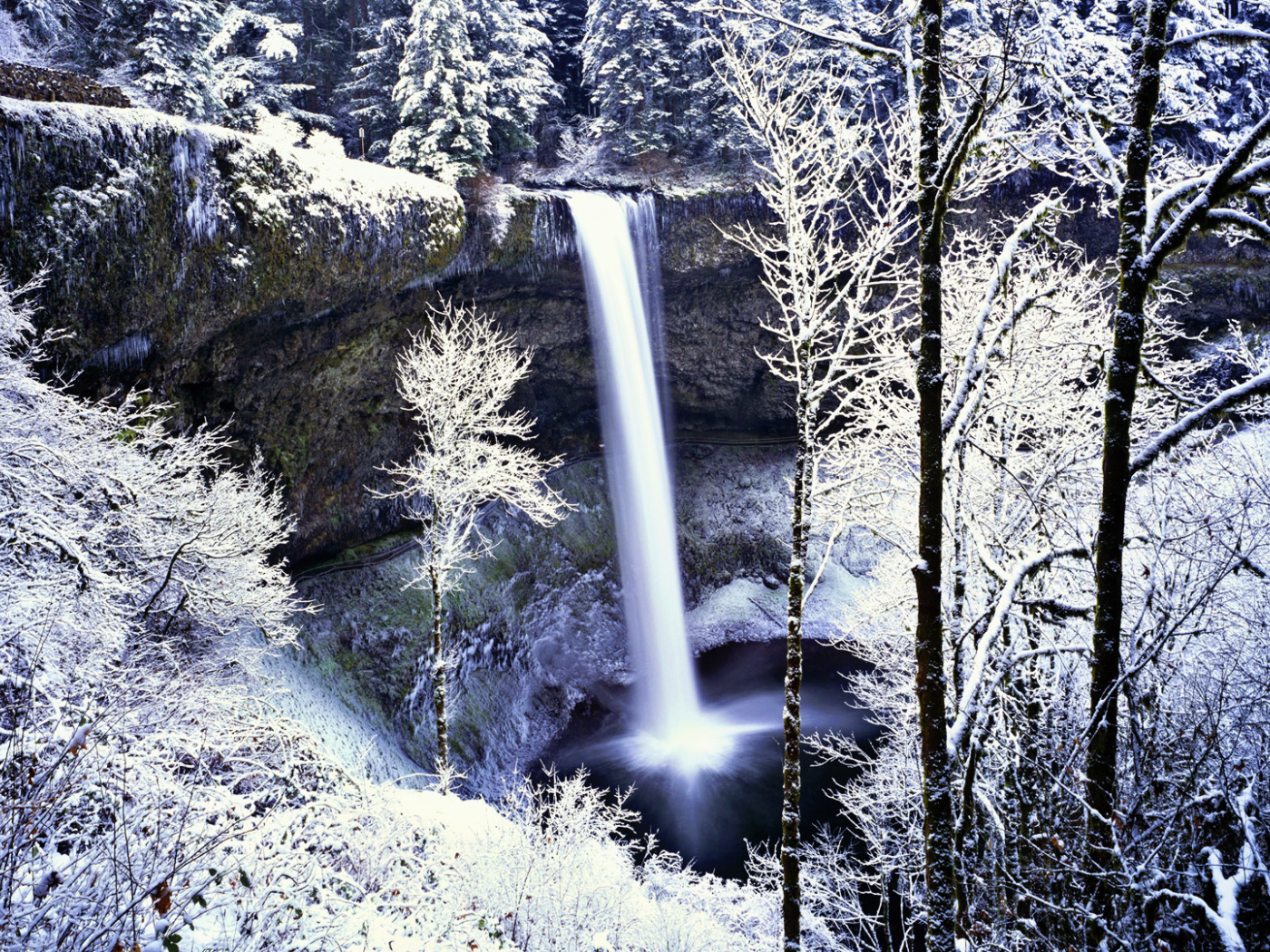 Замерзший водопад в белом лесу