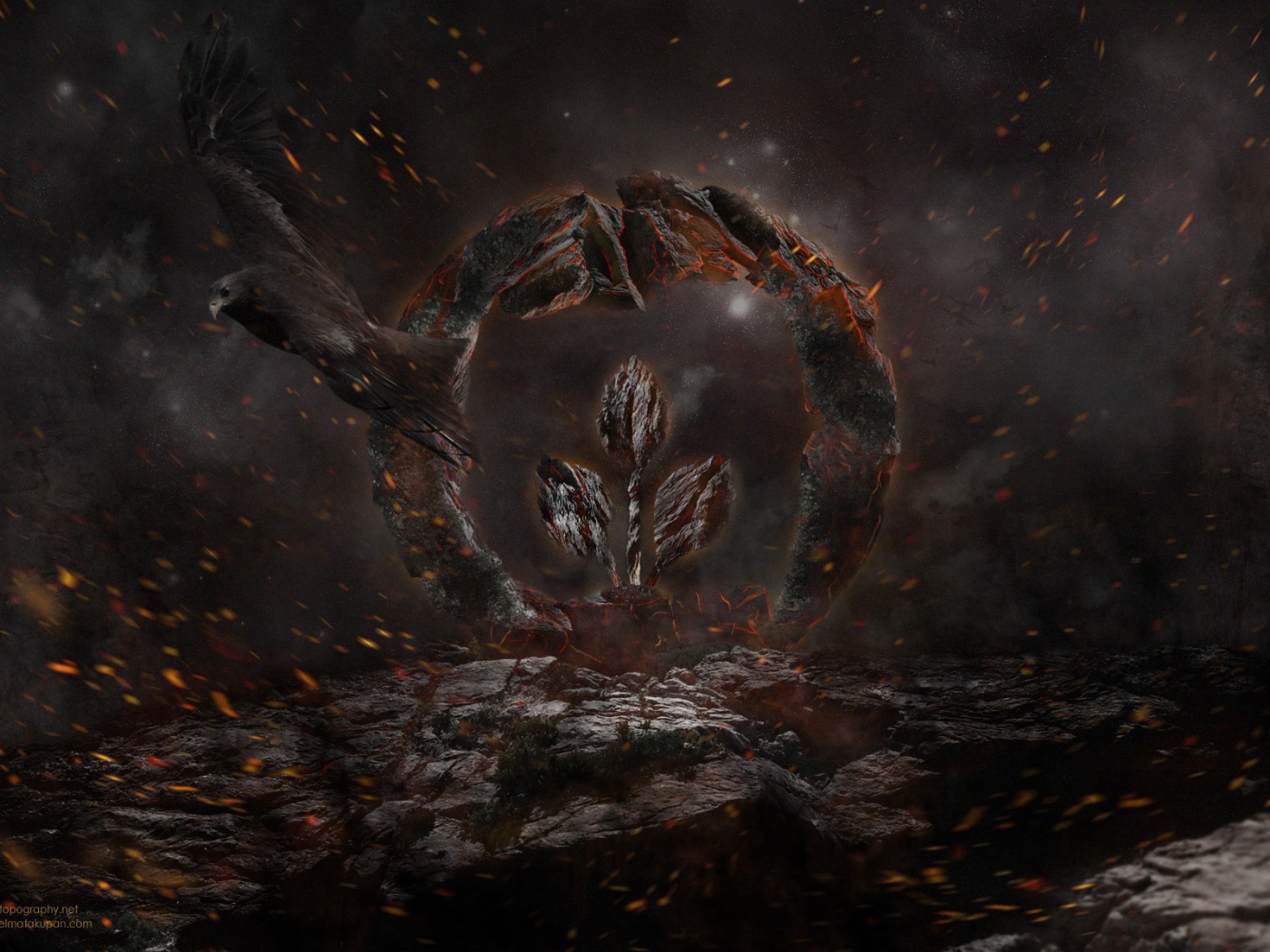 Каменный знак и птица