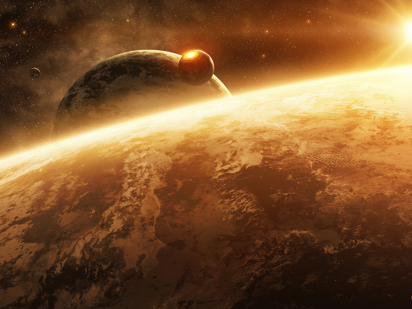 Поверхность планеты и солнце