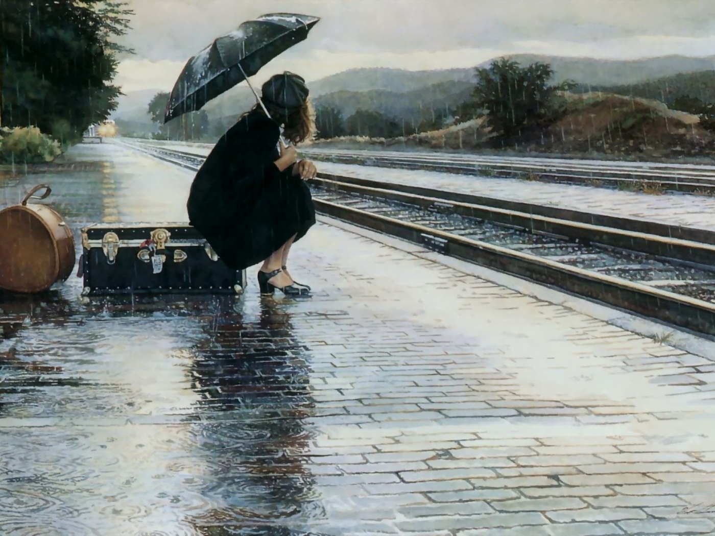 Девушка с зонтиком на перроне