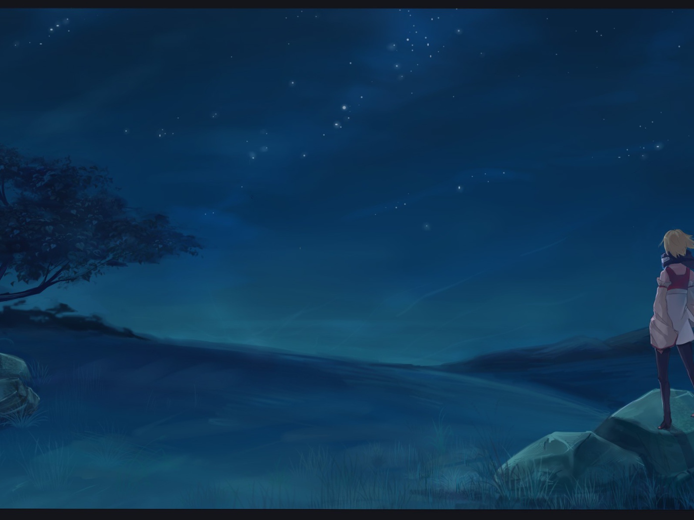 Девушка аниме смотрит на звезды в ночи