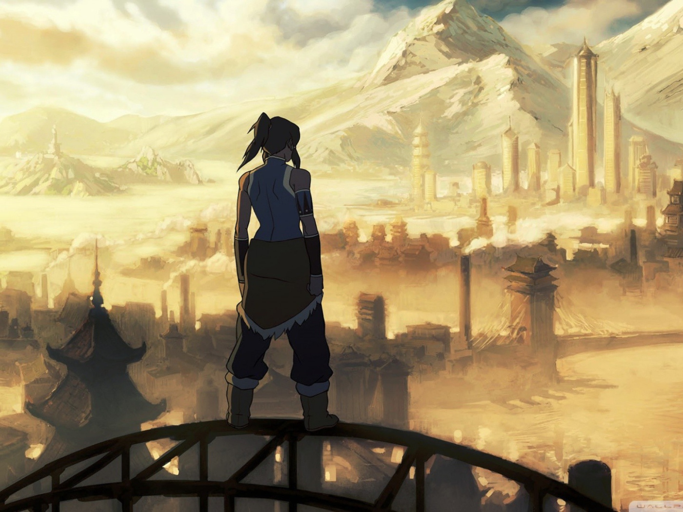 Персонаж аниме Легенда о Корре смотрит на горы