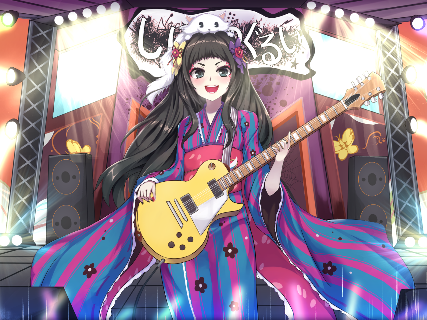 Девушка аниме в кимоно с гитарой