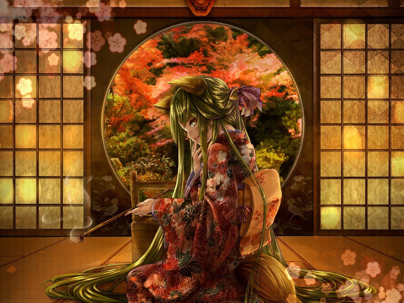 Аниме девушка с горящей бамбуковой палочкой