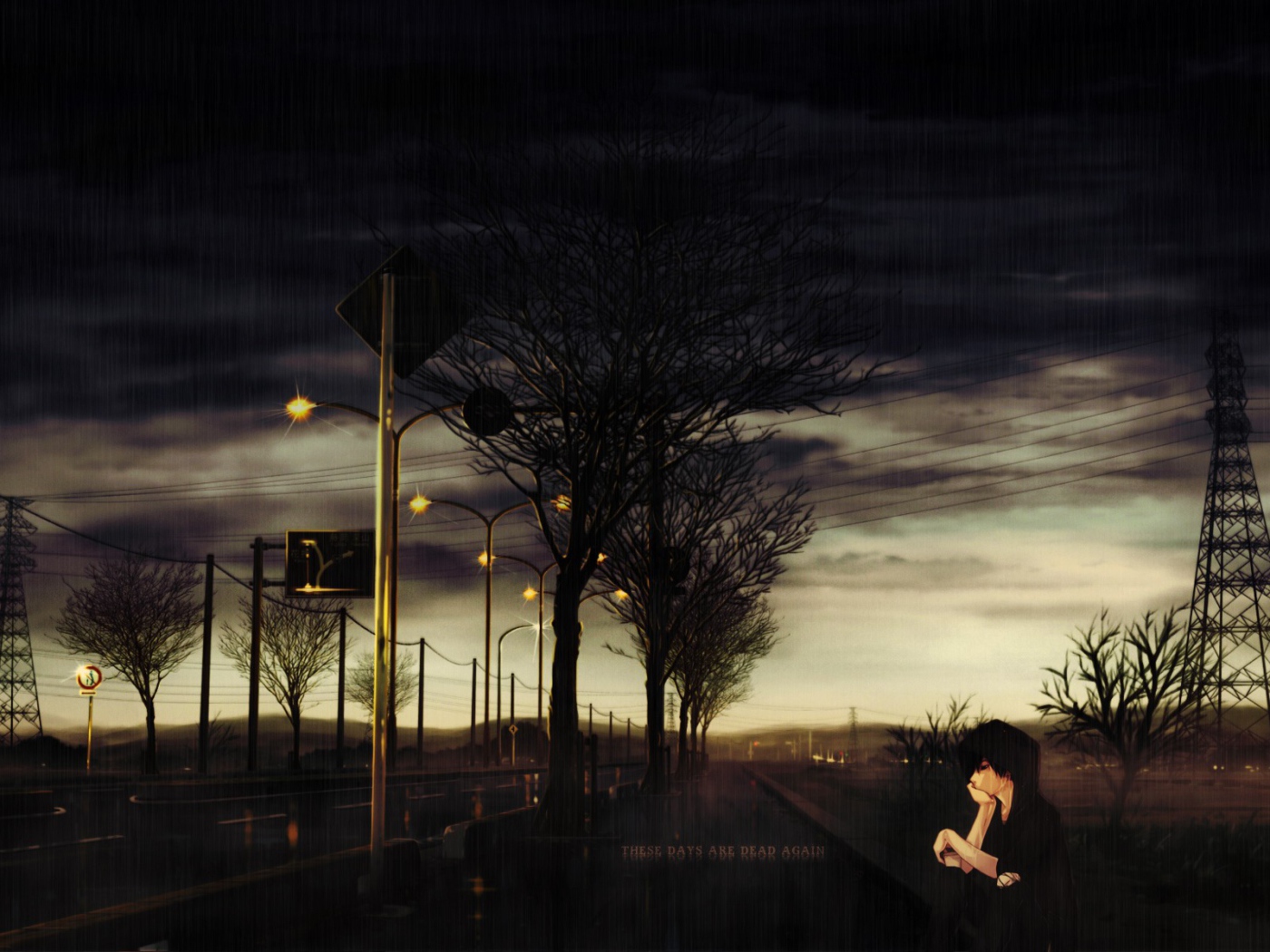 Парень аниме грустит у дороги под дождем