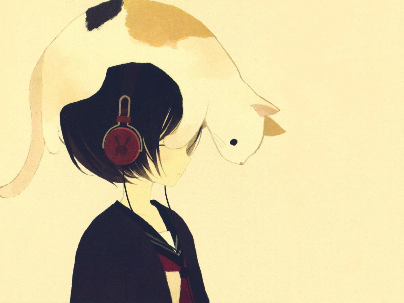 Кот на голове девушки аниме