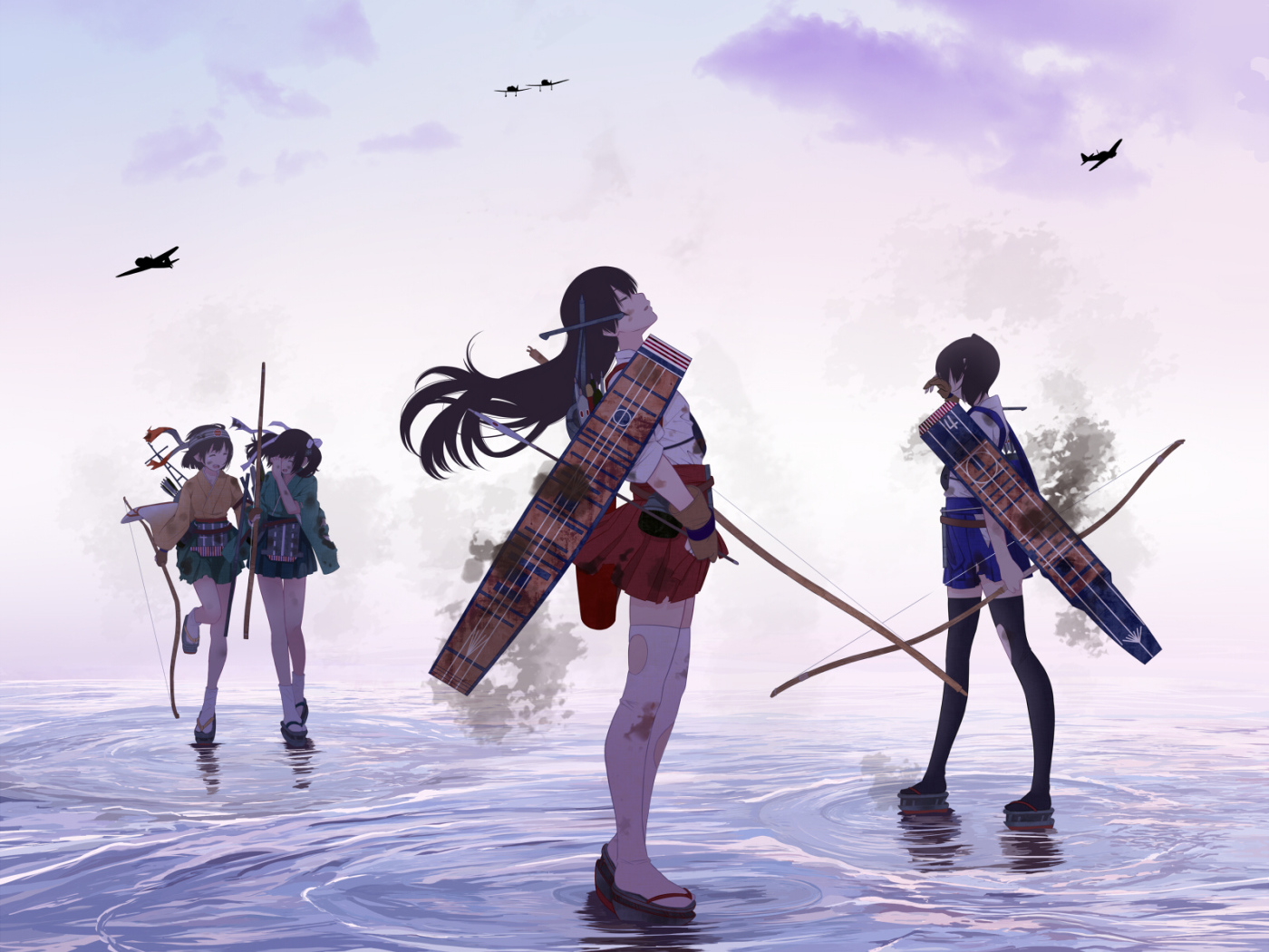 Девушки идут по воде в аниме Kantai Collection