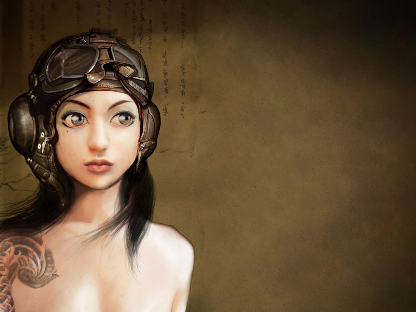 Японская девушка в старом шлеме летчика, рисунок