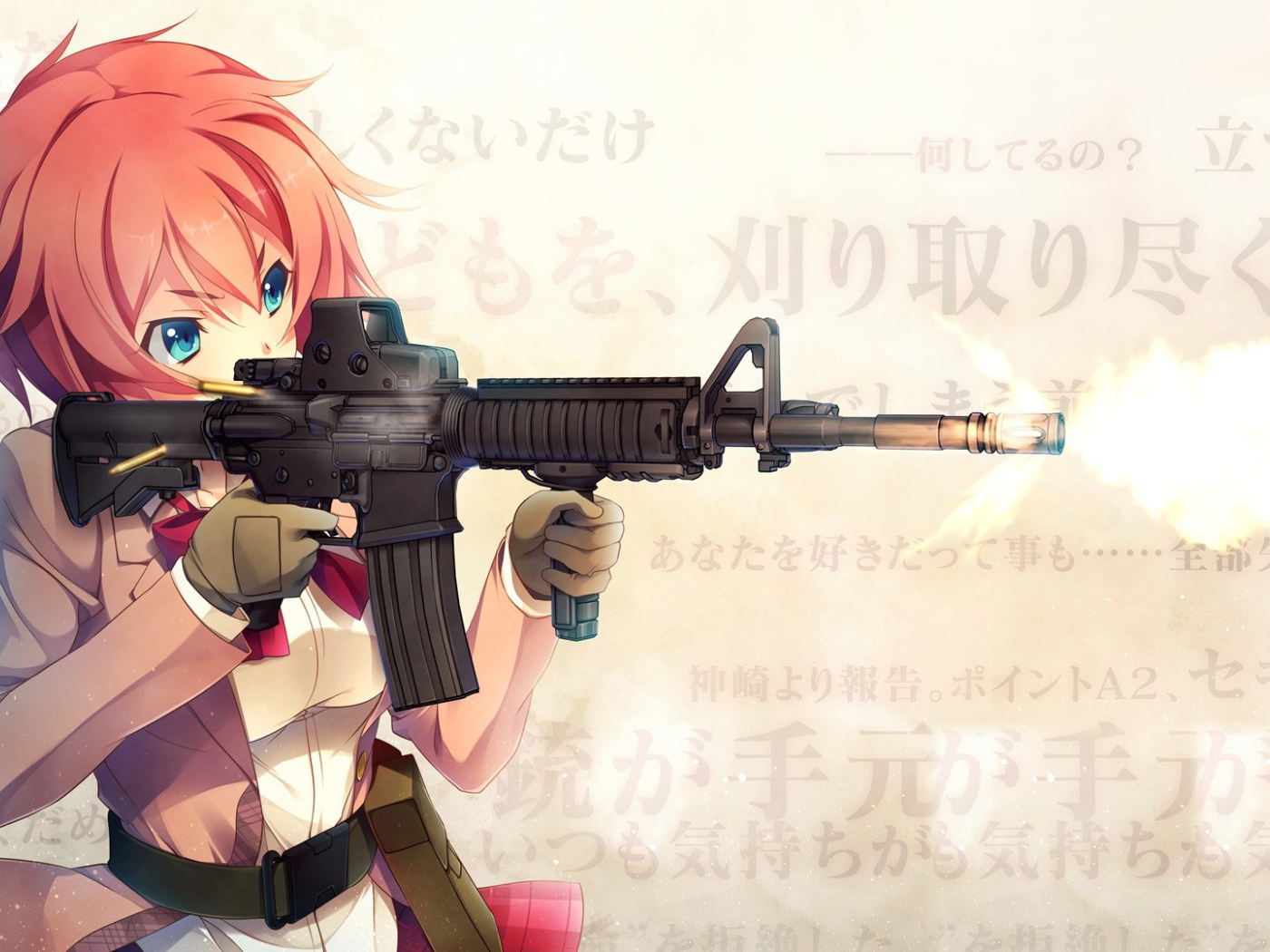 Рыжая девушка аниме с автоматической винтовкой