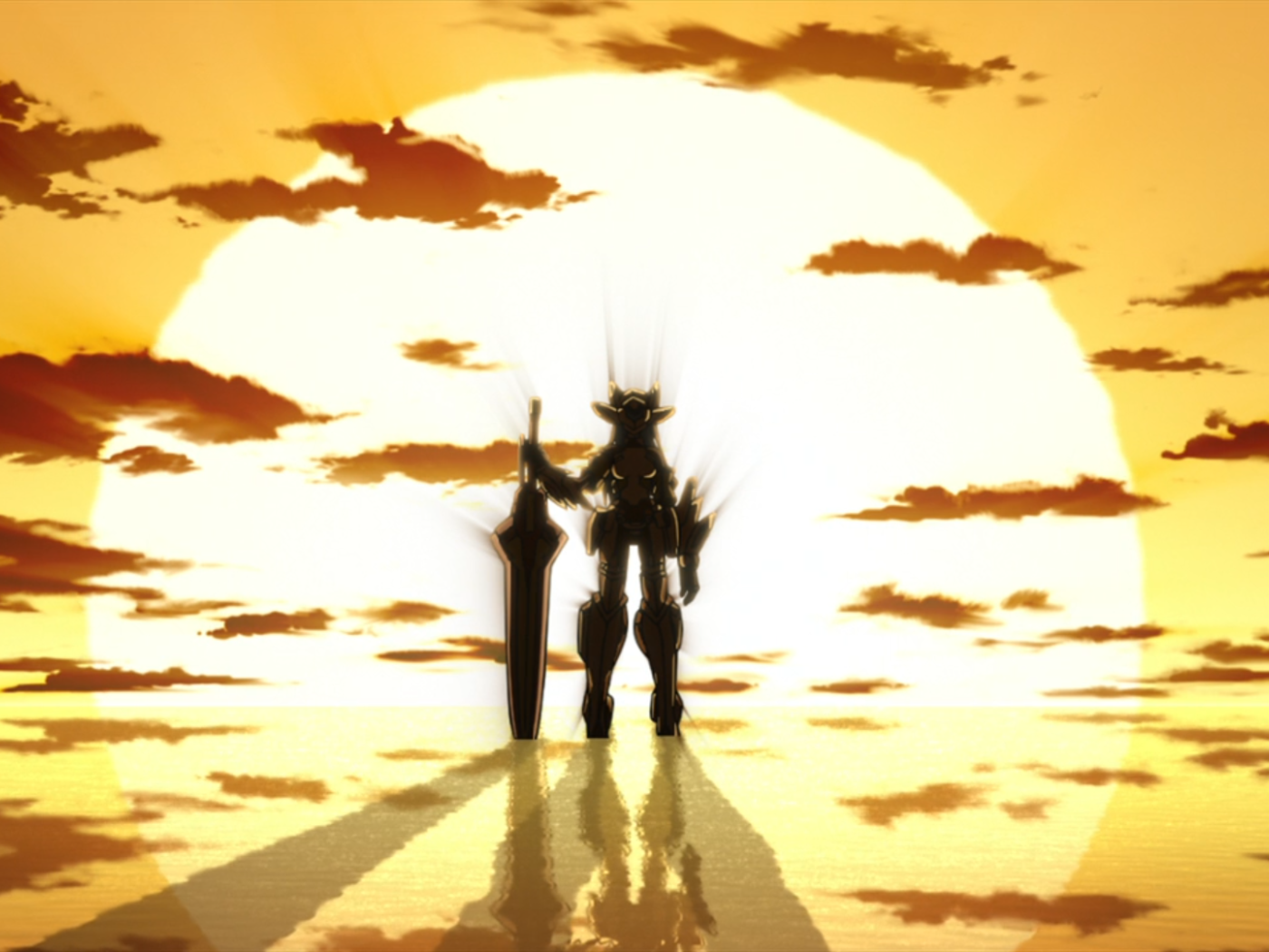 Робот на фоне заката в аниме Бесконечные небеса