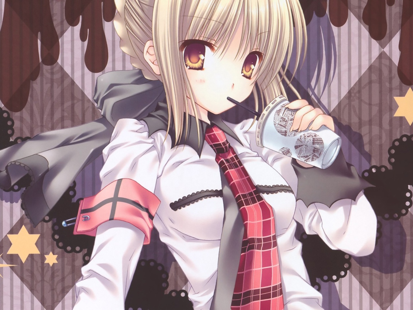 Девушка пьет напиток через соломинку, аниме Ночь прибытия